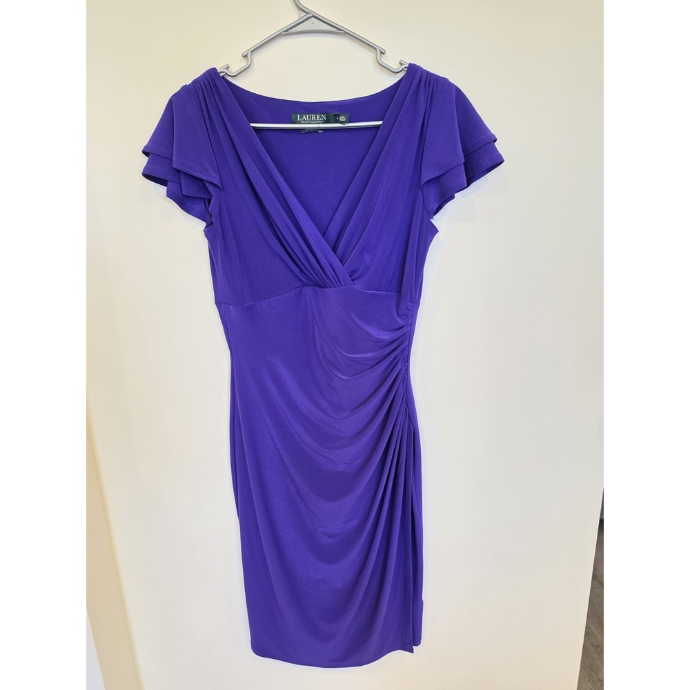Lauren Ralph Lauren Purple Bodycon Dress Size 4 Ruched Draped V Neck Cocktail‎